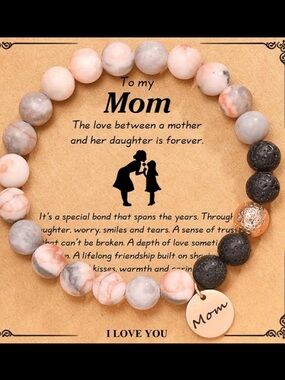 Mother’s Day gift Mom Beaded Bracelet in Pink and Black with 'Mom' Charm